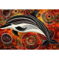 Indigenous-inspired dolphin dot painting with earthy orange and red circular patterns and abstract ocean symbolism
