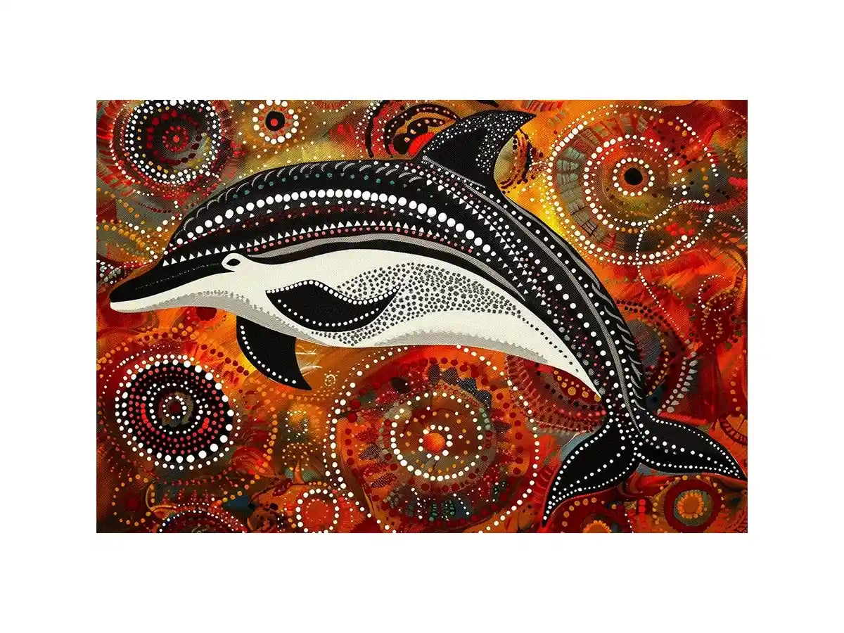 Indigenous-inspired dolphin dot painting with earthy orange and red circular patterns and abstract ocean symbolism