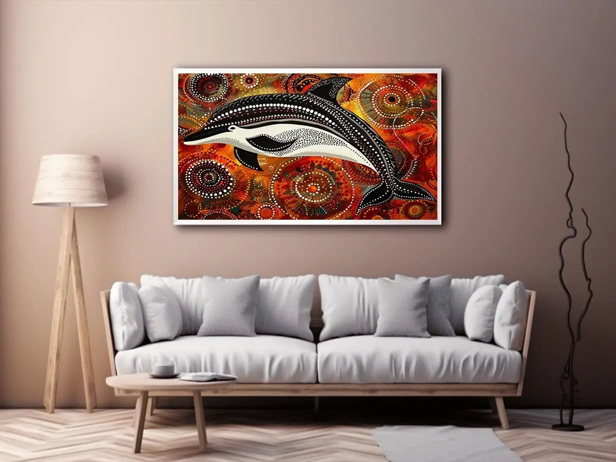 Indigenous-inspired dolphin dot painting with earthy orange and red circular patterns and abstract ocean symbolism