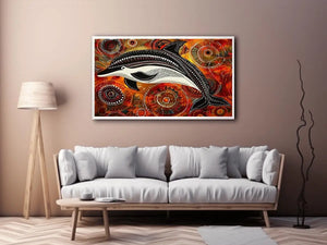 Indigenous-inspired dolphin dot painting with earthy orange and red circular patterns and abstract ocean symbolism
