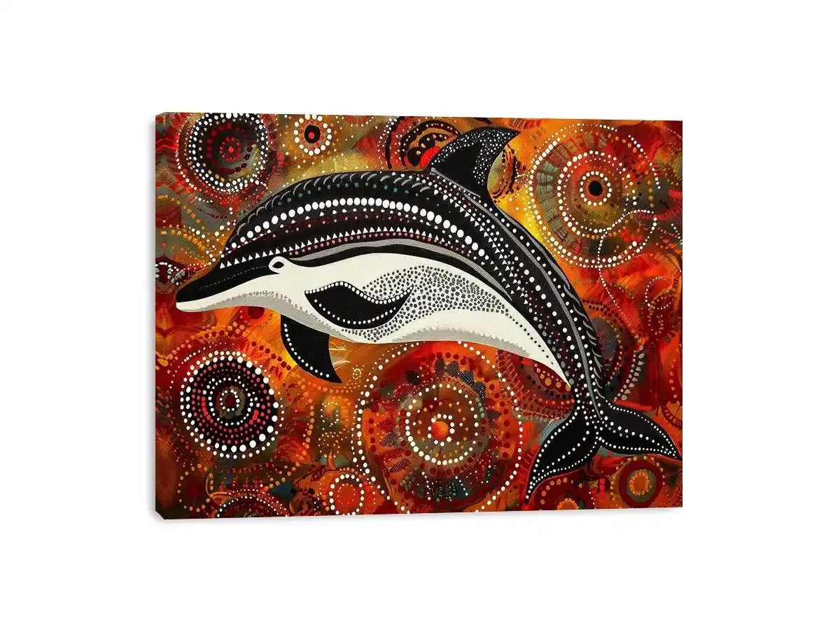 Indigenous-inspired dolphin dot painting with earthy orange and red circular patterns and abstract ocean symbolism