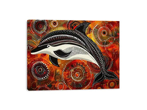 Indigenous-inspired dolphin dot painting with earthy orange and red circular patterns and abstract ocean symbolism
