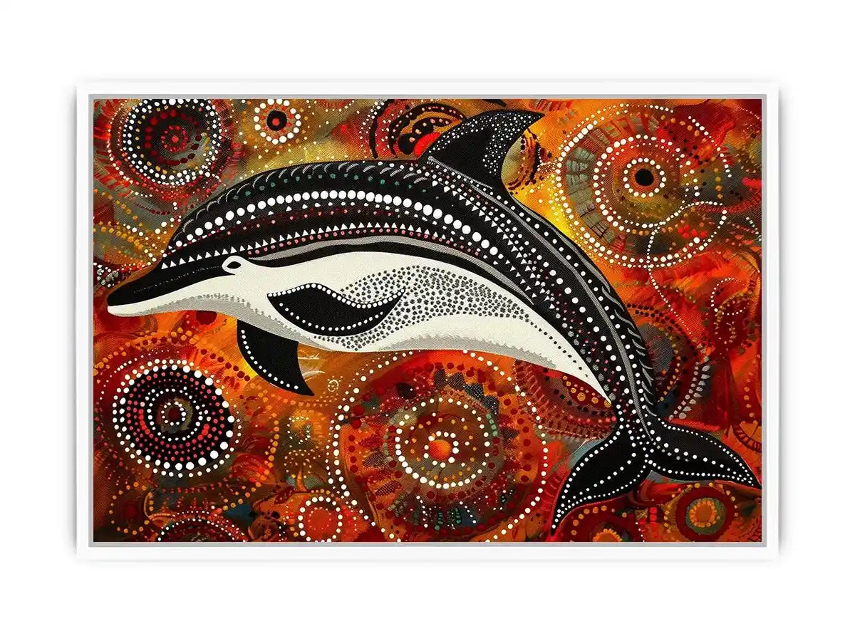 Indigenous-inspired dolphin dot painting with earthy orange and red circular patterns and abstract ocean symbolism