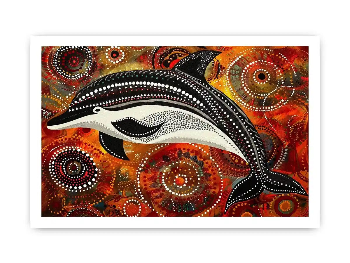 Indigenous-inspired dolphin dot painting with earthy orange and red circular patterns and abstract ocean symbolism