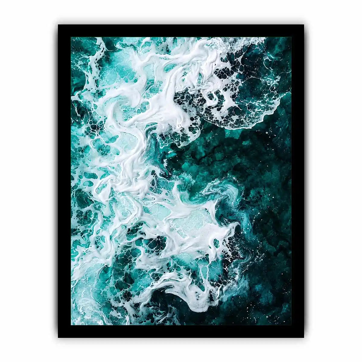 Abstract emerald green ocean artwork with swirling white sea foam and fluid resin-inspired wave textures