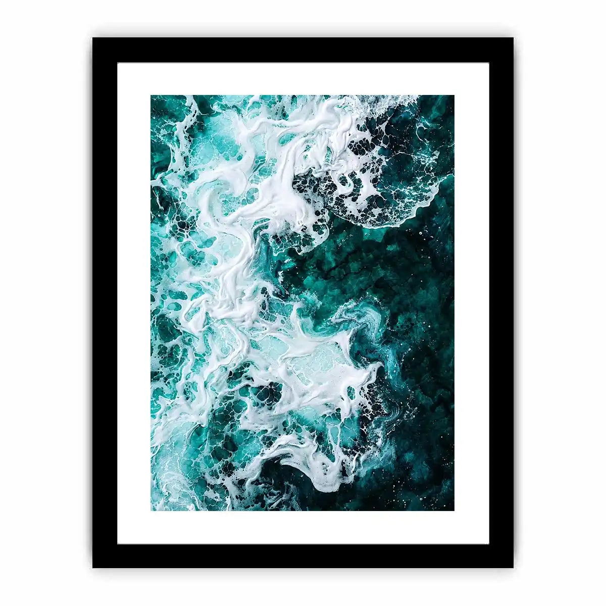 Abstract emerald green ocean artwork with swirling white sea foam and fluid resin-inspired wave textures