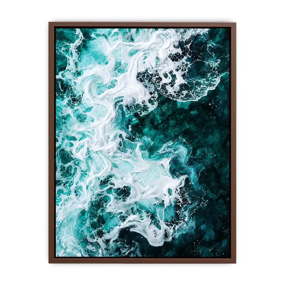 Abstract emerald green ocean artwork with swirling white sea foam and fluid resin-inspired wave textures
