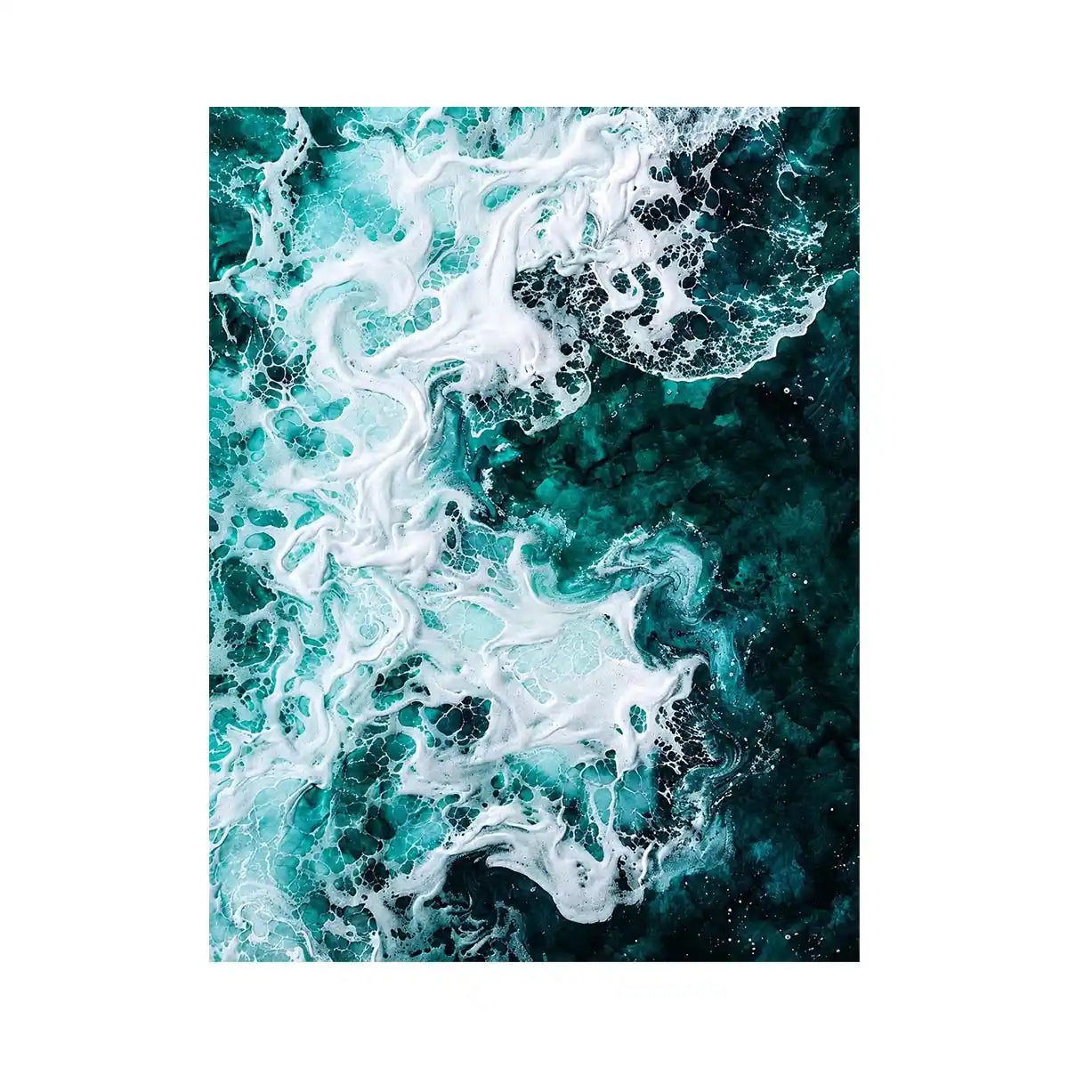Abstract emerald green ocean artwork with swirling white sea foam and fluid resin-inspired wave textures