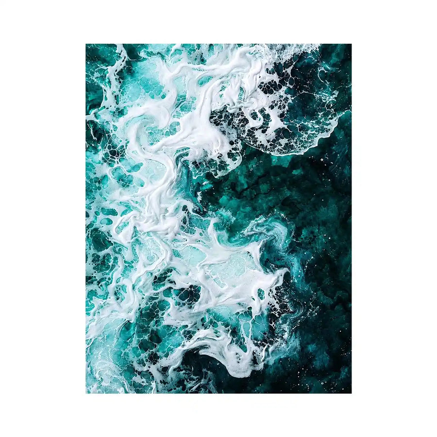 Abstract emerald green ocean artwork with swirling white sea foam and fluid resin-inspired wave textures