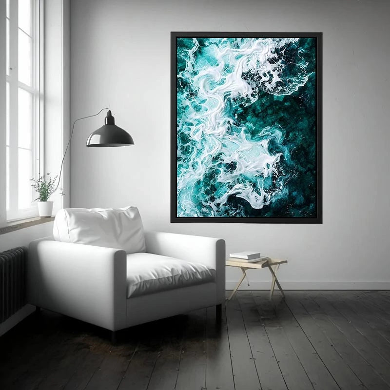 Abstract emerald green ocean artwork with swirling white sea foam and fluid resin-inspired wave textures