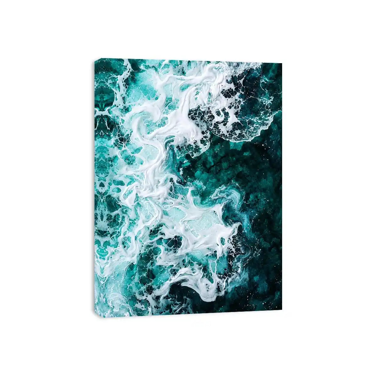 Abstract emerald green ocean artwork with swirling white sea foam and fluid resin-inspired wave textures