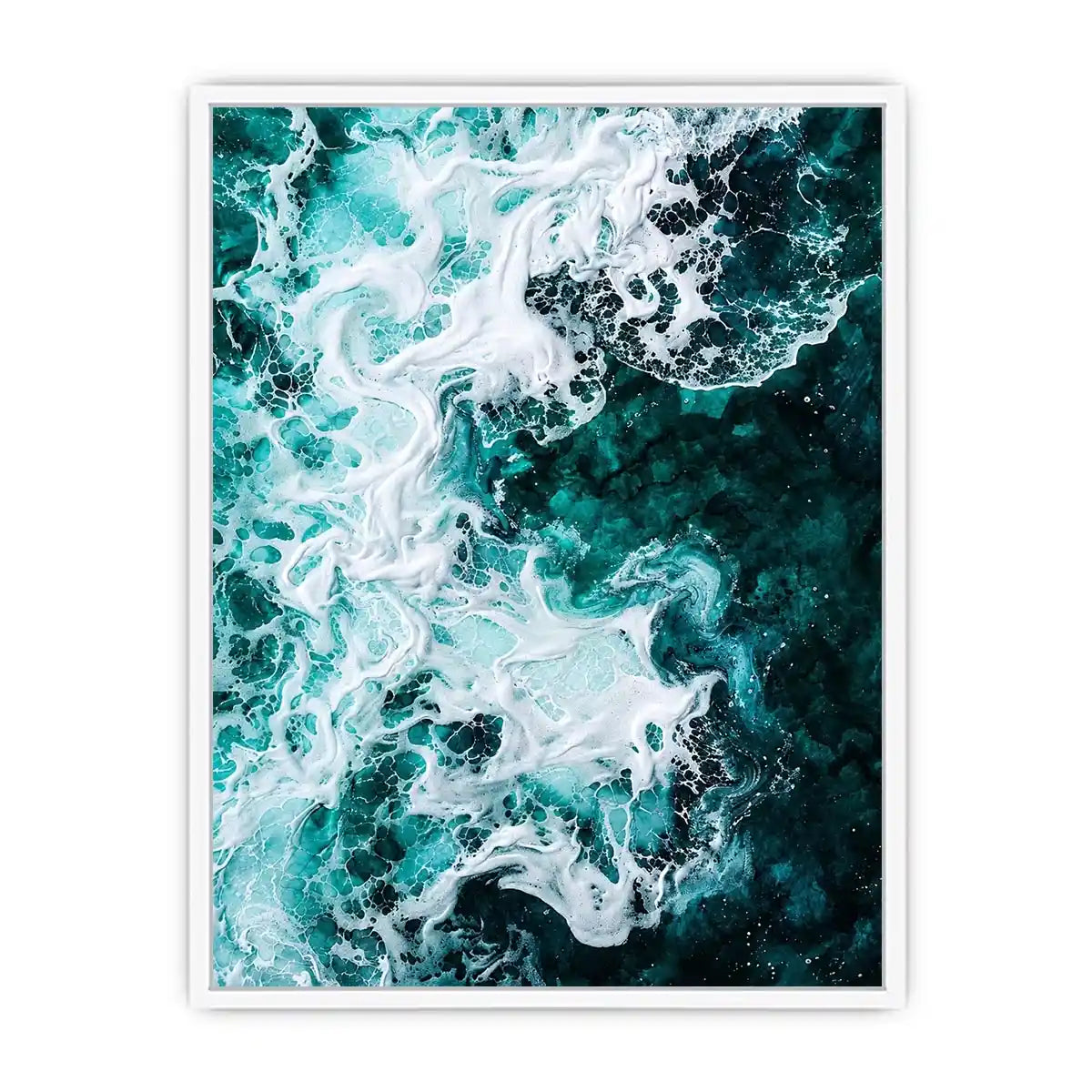 Abstract emerald green ocean artwork with swirling white sea foam and fluid resin-inspired wave textures