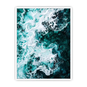 Abstract emerald green ocean artwork with swirling white sea foam and fluid resin-inspired wave textures