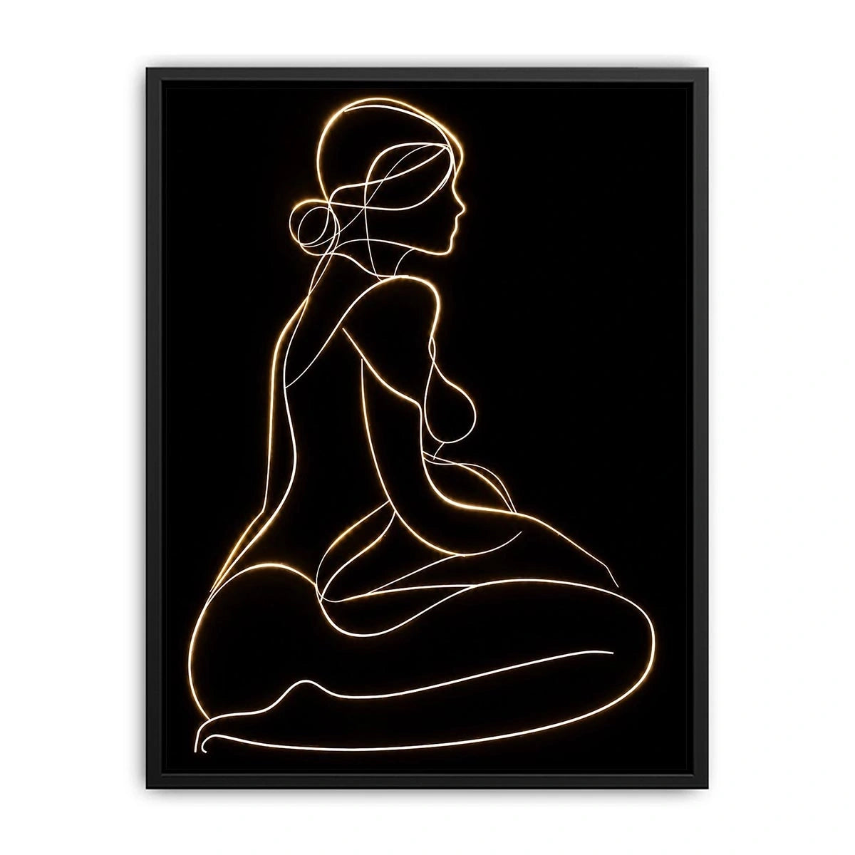 Glowing golden line art woman canvas for modern luxury bedroom decor.