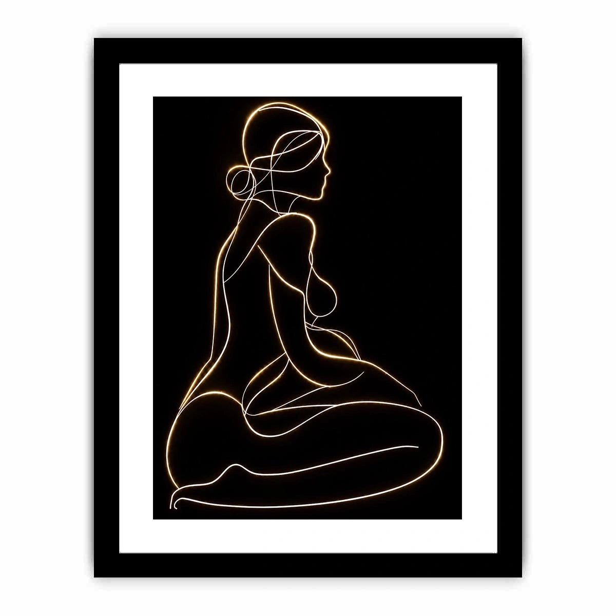 Glowing golden line art woman canvas for modern luxury bedroom decor.