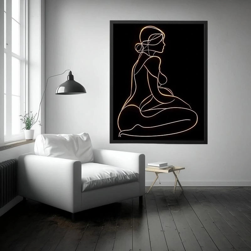 Glowing golden line art woman canvas for modern luxury bedroom decor.