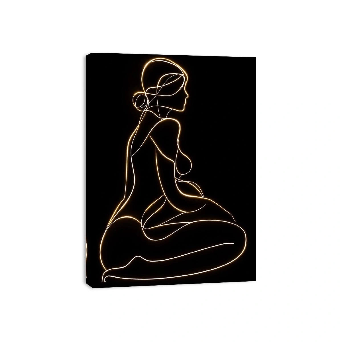 Glowing golden line art woman canvas for modern luxury bedroom decor.