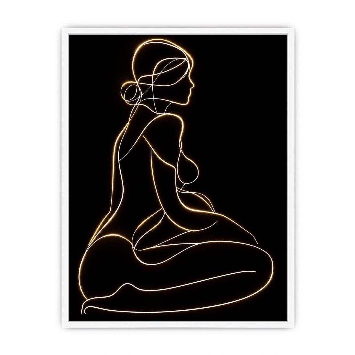 Glowing golden line art woman canvas for modern luxury bedroom decor.