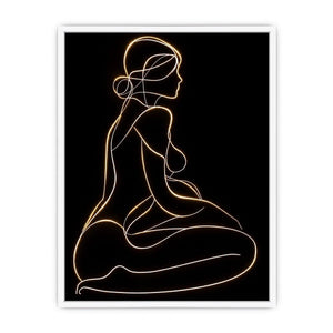 Glowing golden line art woman canvas for modern luxury bedroom decor.