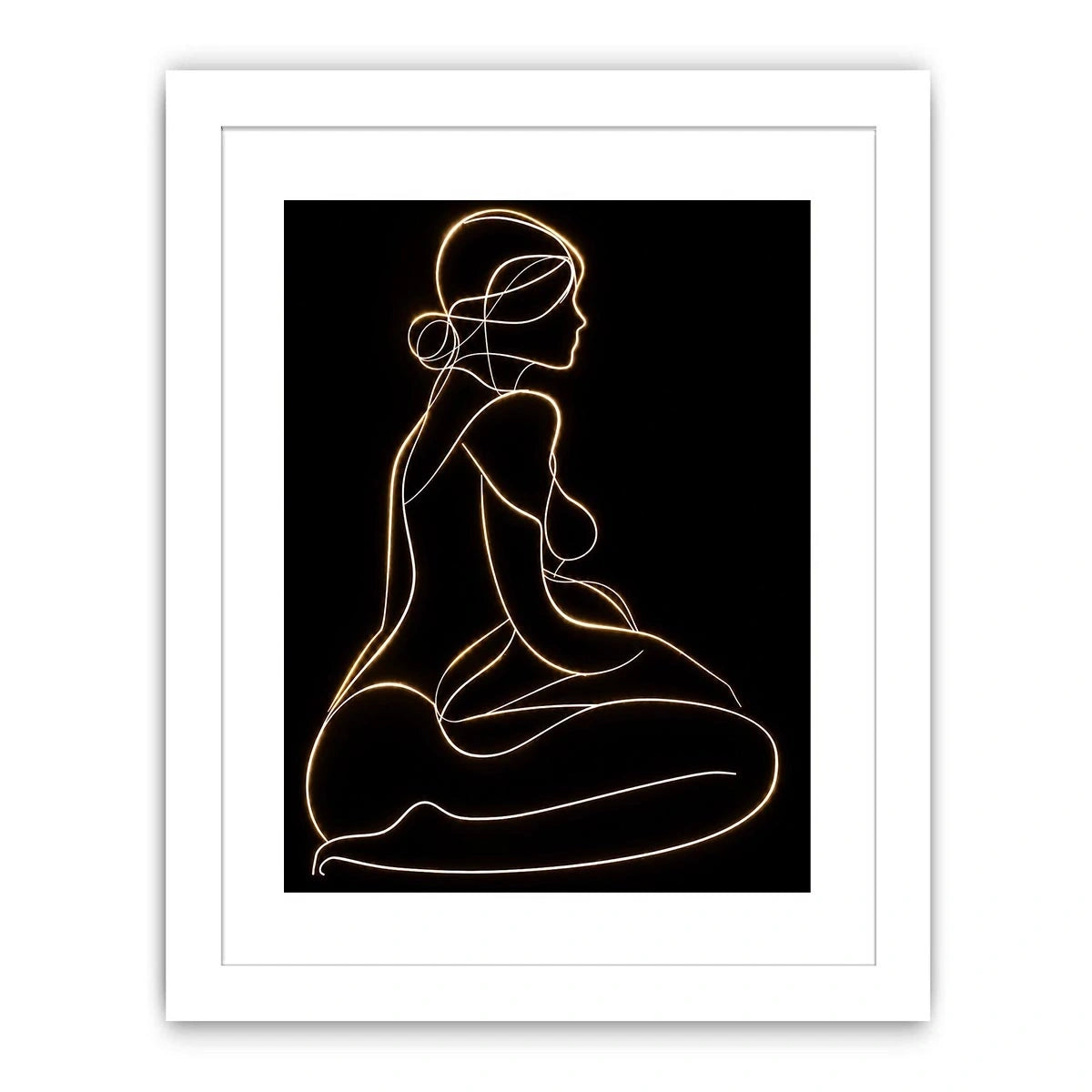 Glowing golden line art woman canvas for modern luxury bedroom decor.