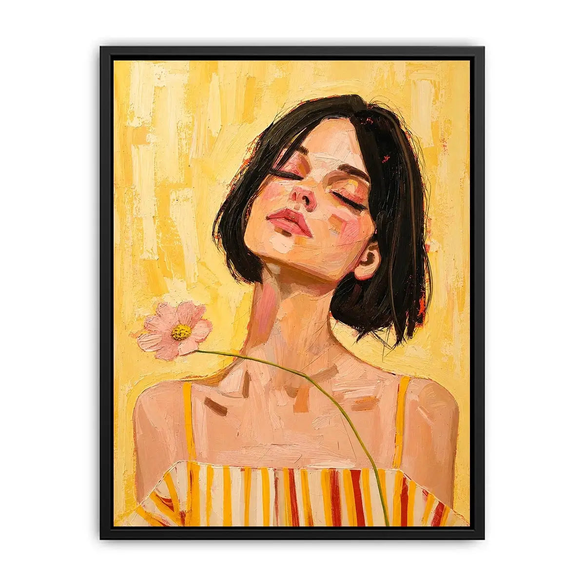 Warm feminine portrait canvas art with floral detail for modern bedroom decor.
