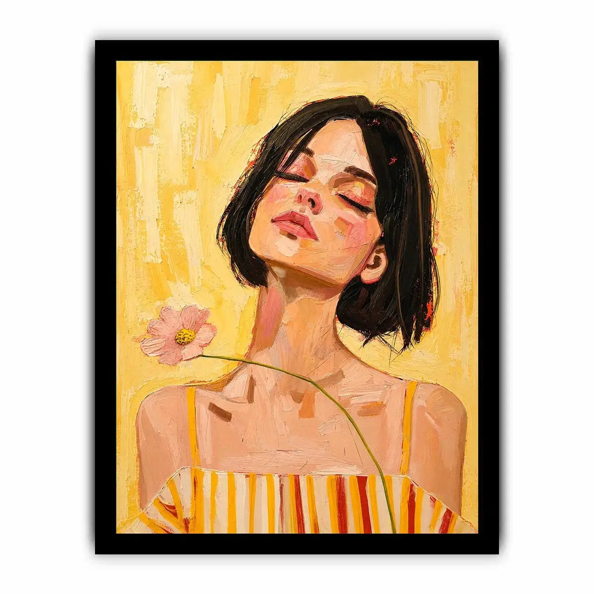 Warm feminine portrait canvas art with floral detail for modern bedroom decor.