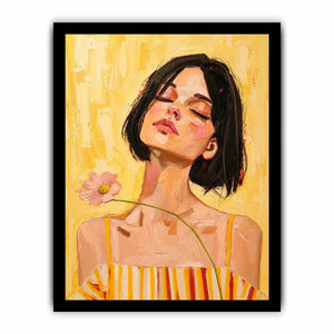 Warm feminine portrait canvas art with floral detail for modern bedroom decor.