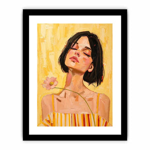 Warm feminine portrait canvas art with floral detail for modern bedroom decor.