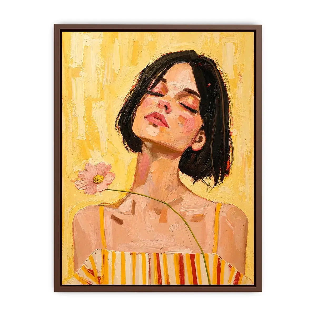 Warm feminine portrait canvas art with floral detail for modern bedroom decor.