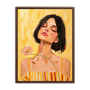 Warm feminine portrait canvas art with floral detail for modern bedroom decor.