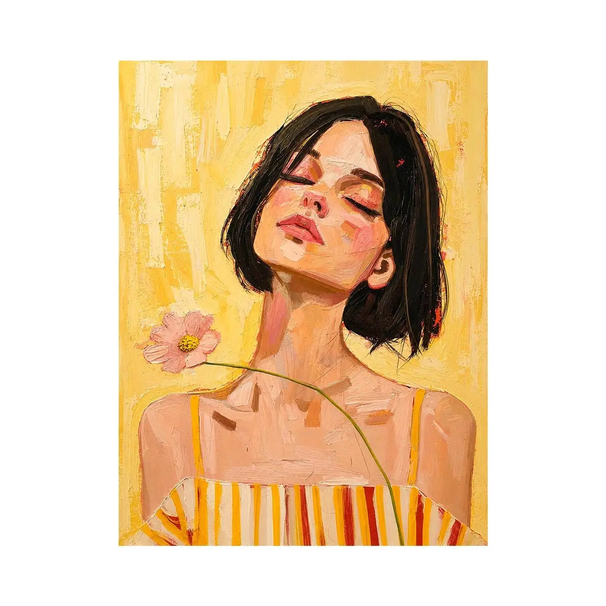 Warm feminine portrait canvas art with floral detail for modern bedroom decor.