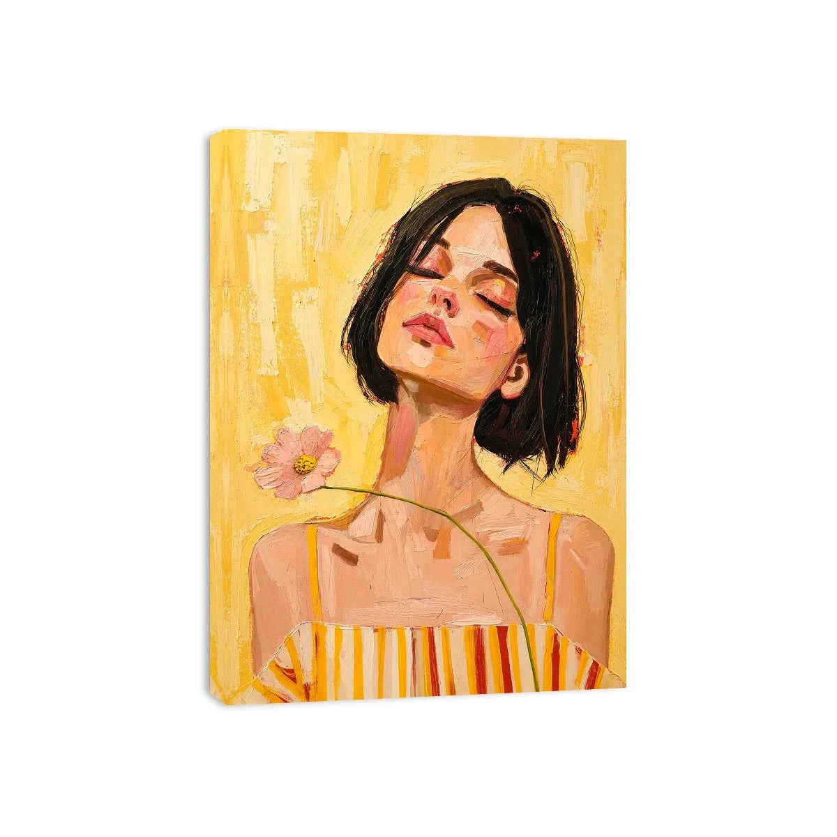 Warm feminine portrait canvas art with floral detail for modern bedroom decor.