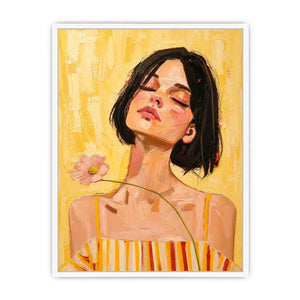 Warm feminine portrait canvas art with floral detail for modern bedroom decor.