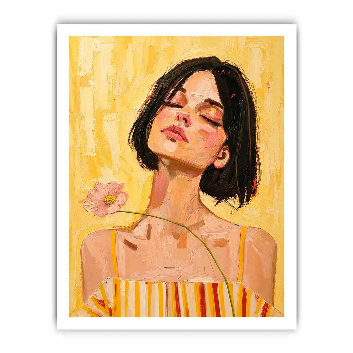 Warm feminine portrait canvas art with floral detail for modern bedroom decor.