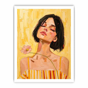 Warm feminine portrait canvas art with floral detail for modern bedroom decor.