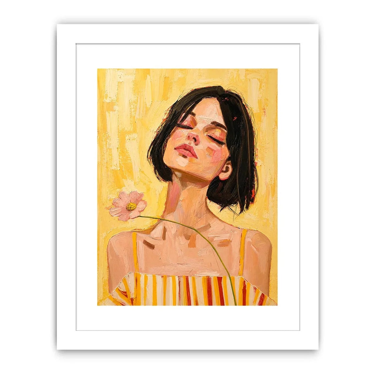 Warm feminine portrait canvas art with floral detail for modern bedroom decor.