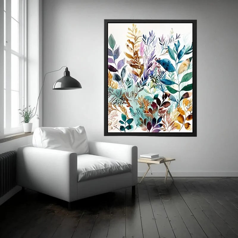 Watercolor botanical leaves canvas art for serene modern living room decor.