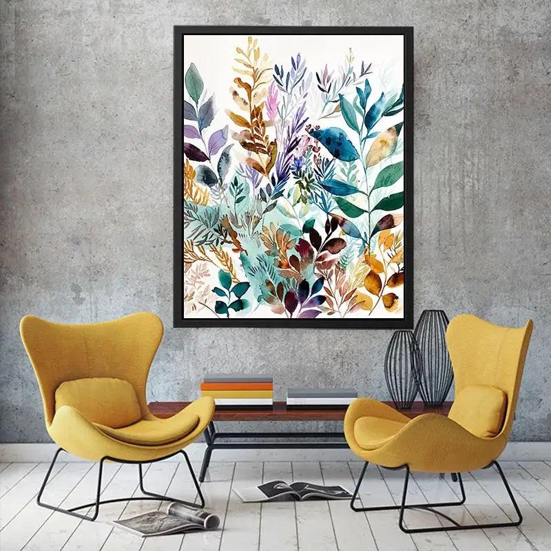 Watercolor botanical leaves canvas art for serene modern living room decor.