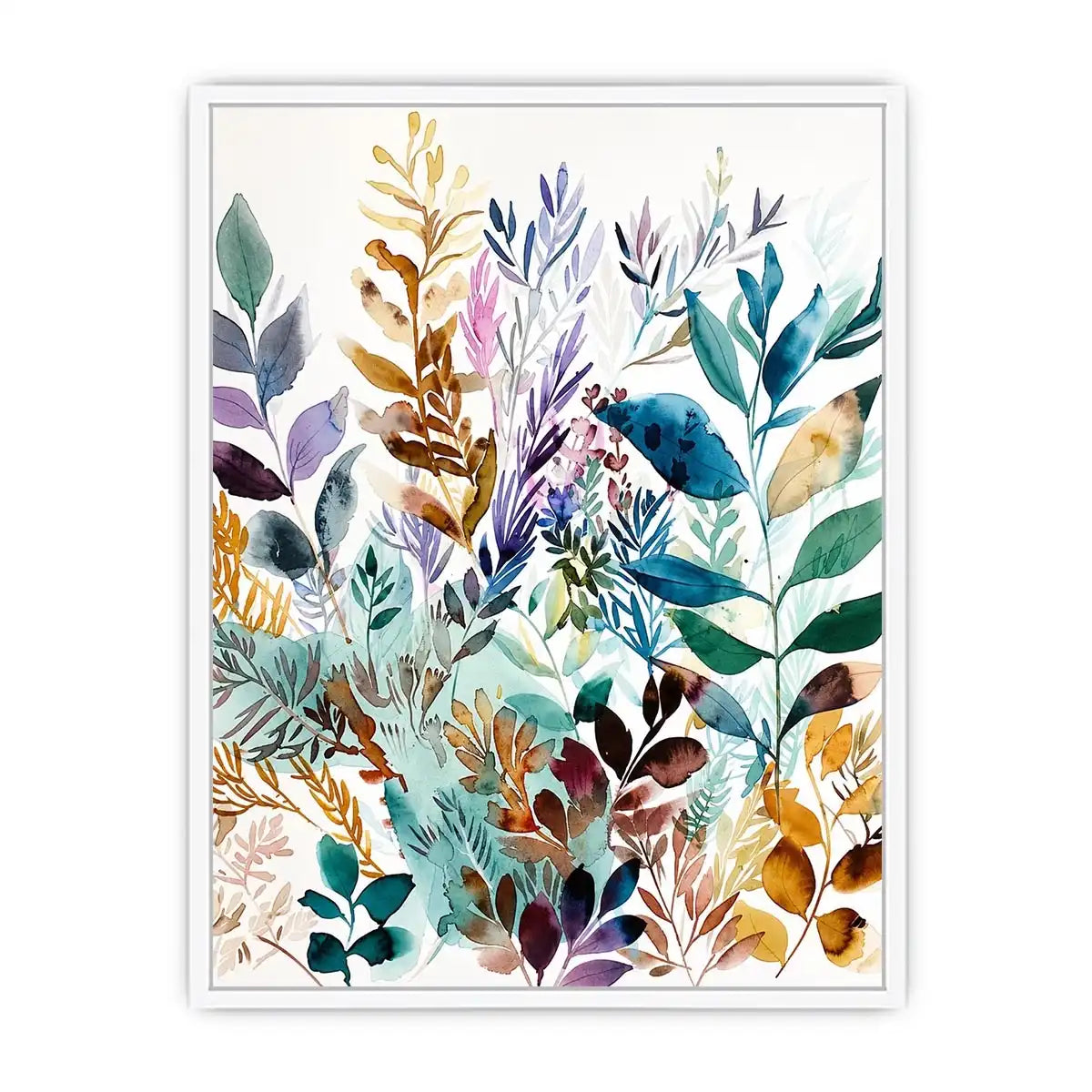 Watercolor botanical leaves canvas art for serene modern living room decor.