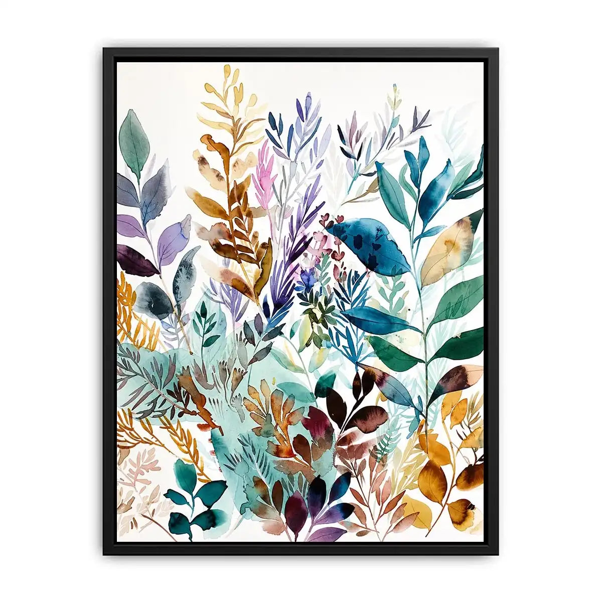 Watercolor botanical leaves canvas art for serene modern living room decor.