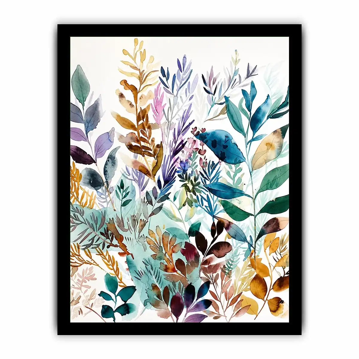 Watercolor botanical leaves canvas art for serene modern living room decor.