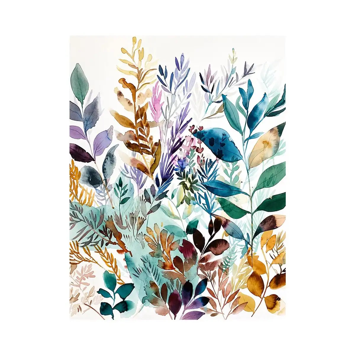 Watercolor botanical leaves canvas art for serene modern living room decor.
