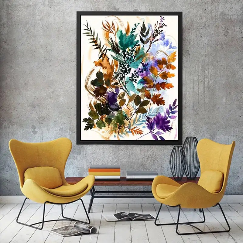 Abstract botanical watercolor canvas art for elegant modern living room decor.