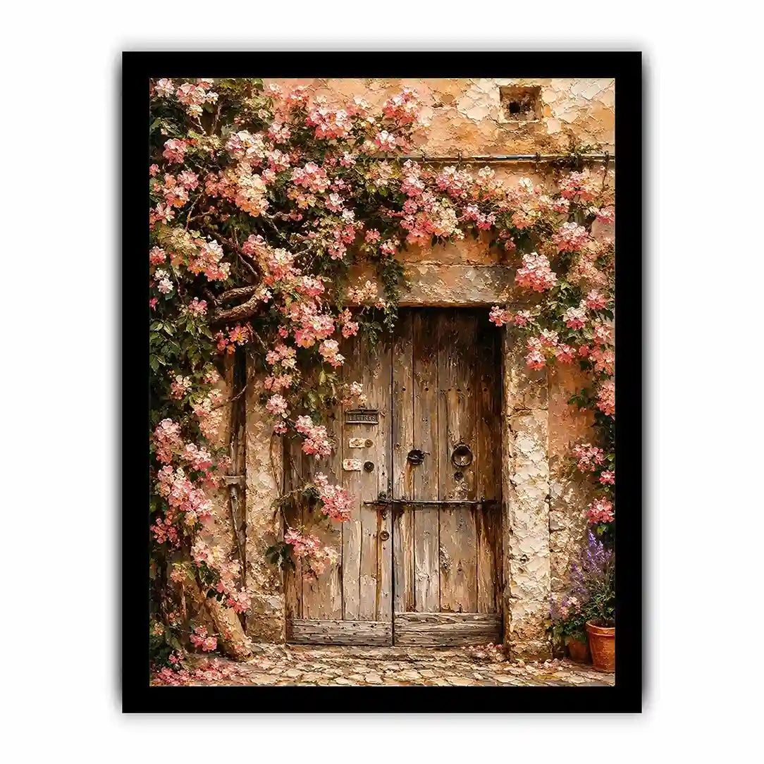 Rustic floral doorway canvas art with pink blossoms for elegant living room or entryway decor.