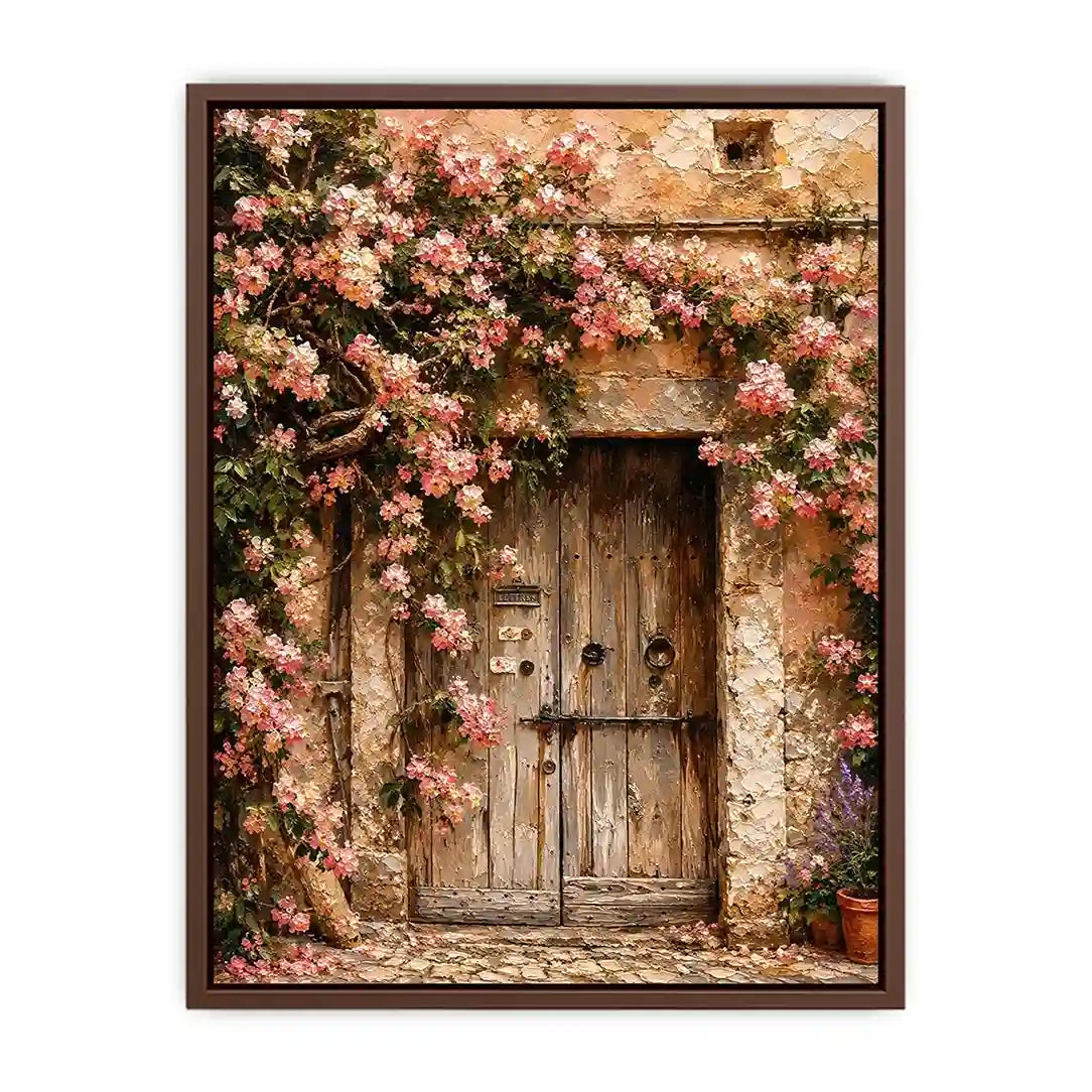 Rustic floral doorway canvas art with pink blossoms for elegant living room or entryway decor.
