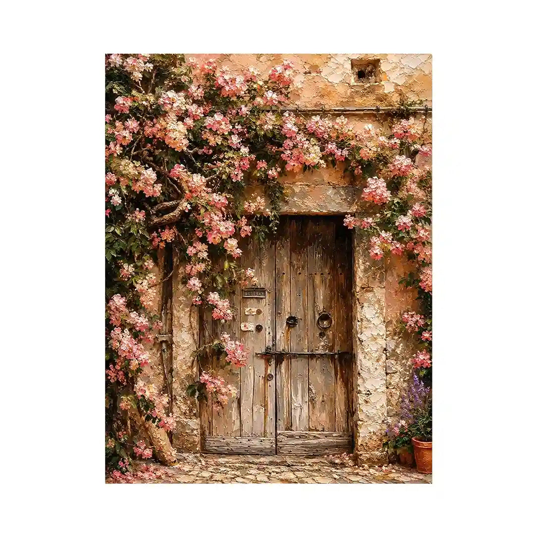 Rustic floral doorway canvas art with pink blossoms for elegant living room or entryway decor.