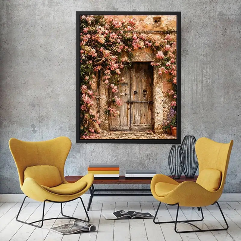 Rustic floral doorway canvas art with pink blossoms for elegant living room or entryway decor.
