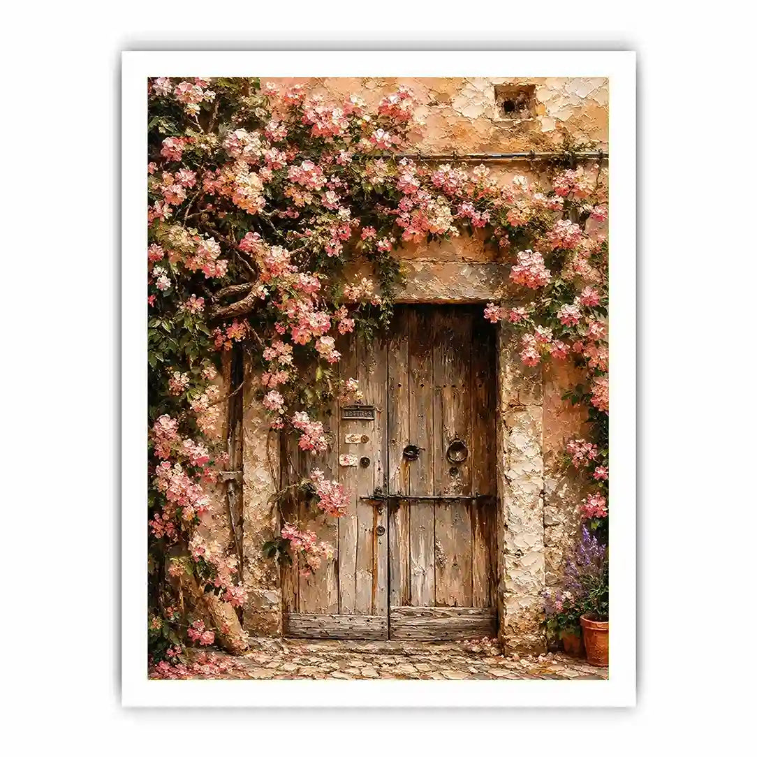Rustic floral doorway canvas art with pink blossoms for elegant living room or entryway decor.