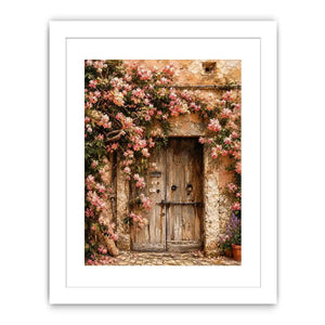 Rustic floral doorway canvas art with pink blossoms for elegant living room or entryway decor.
