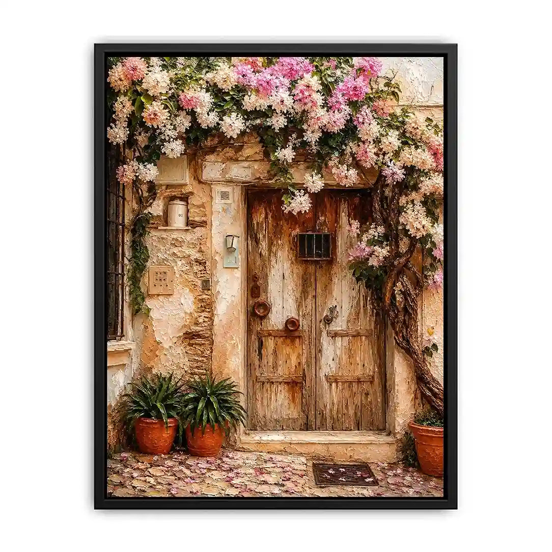 Mediterranean floral doorway canvas art with pink bougainvillea for elegant entryway or living room decor.